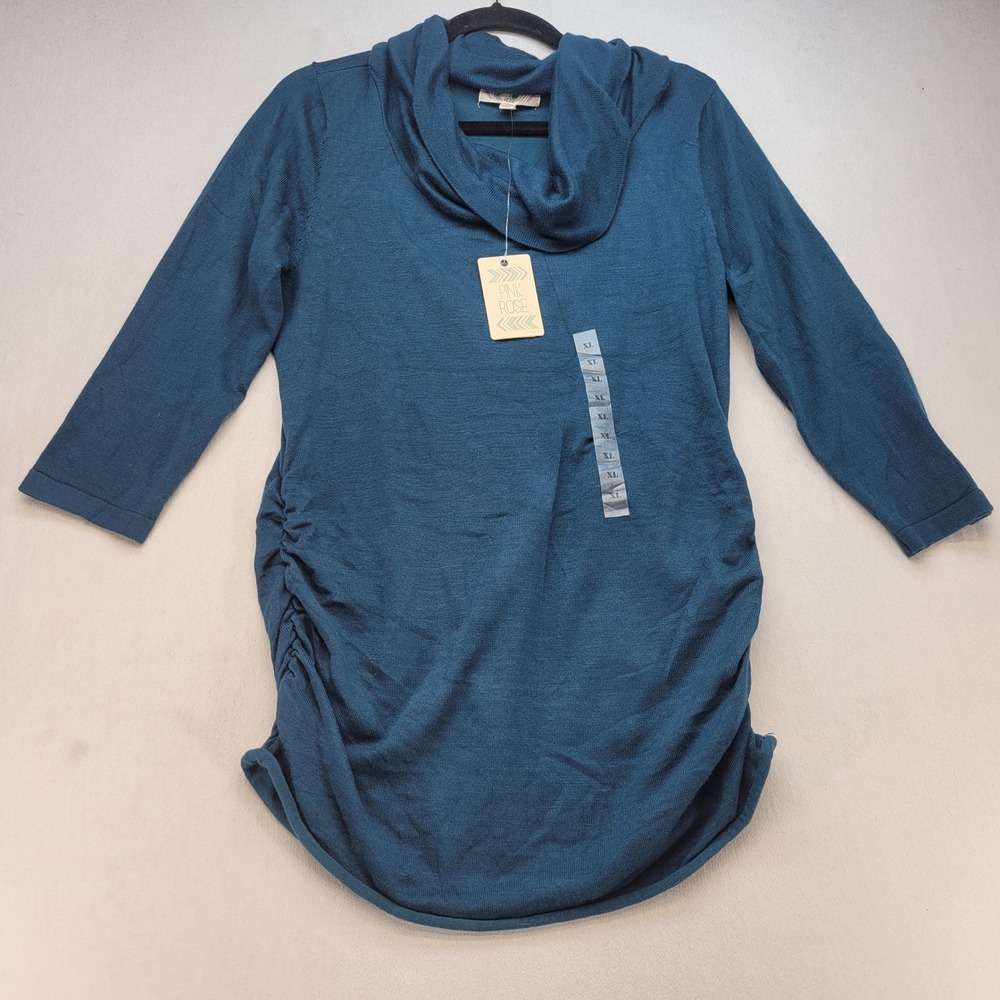 Pink Rose Tunic Sweater Womens XL Teal Blue Cowl Neck Ruched 3/4 Sleeve